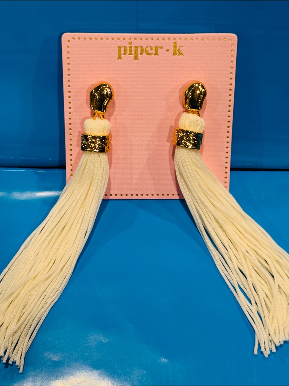 NWT Piper•K White Tassel Drop Earrings with Gold Accents